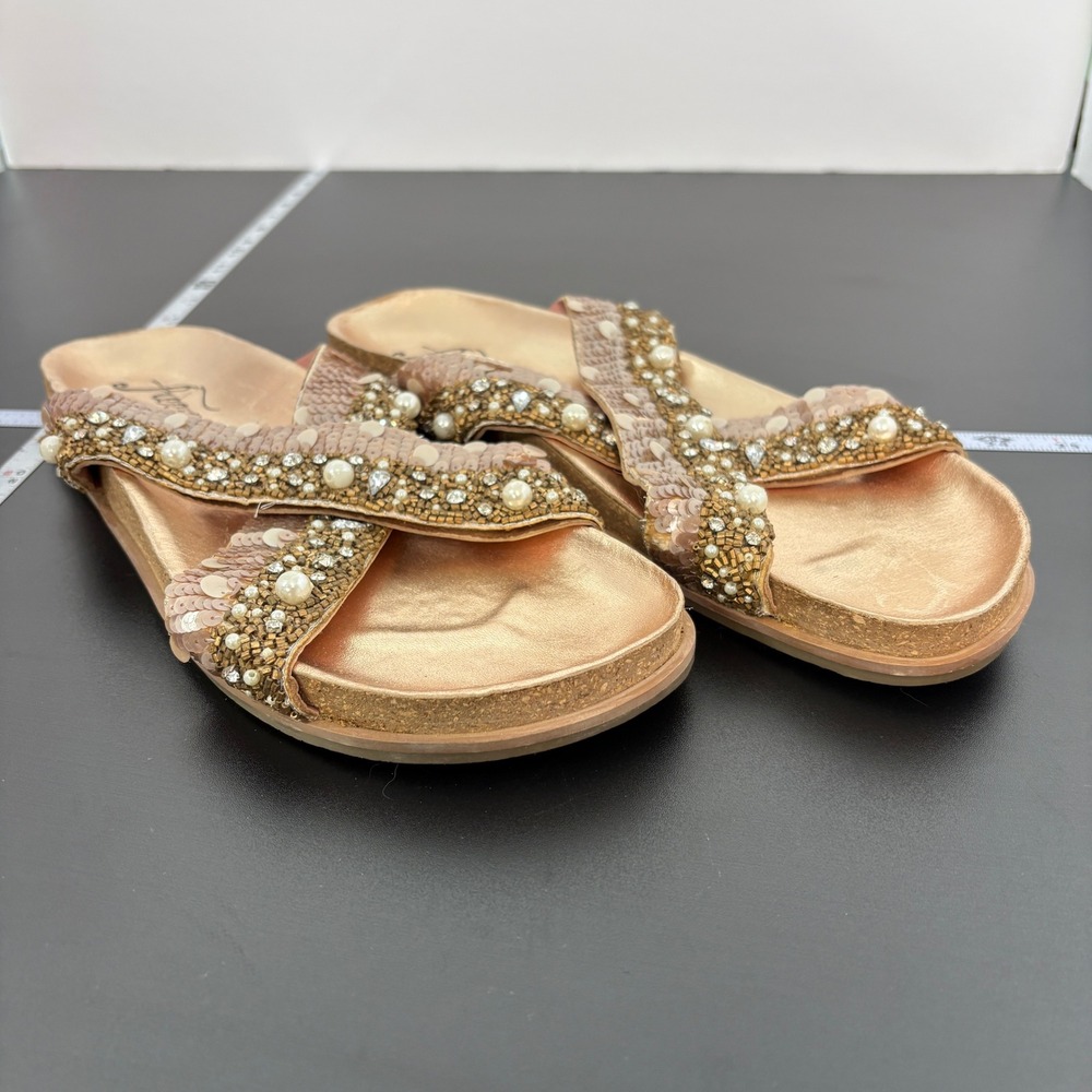Free People Womens Sandals 41 Rose Gold Moon Child Beaded Sequin Pearl Embellish